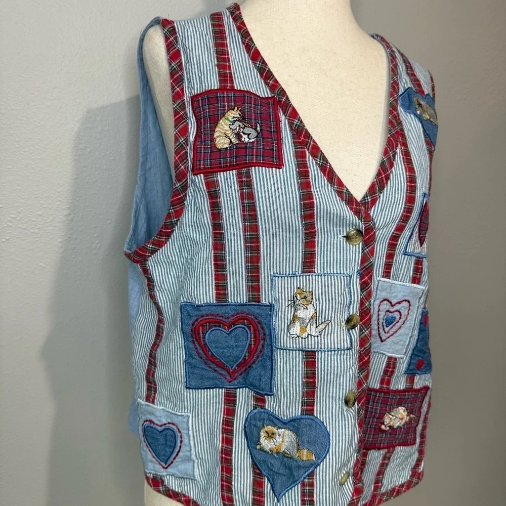 Casey & Max Vintage Cat & Heart Patchwork Vest – Size M